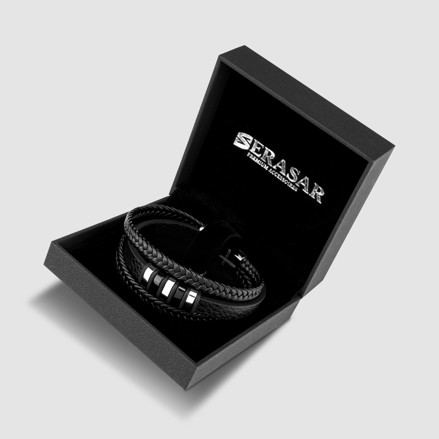 Pulsera de cuero Glory - Plata/Negro Regalos y Juegos Pulsera de cuero «Glory» - Plata/Negro
