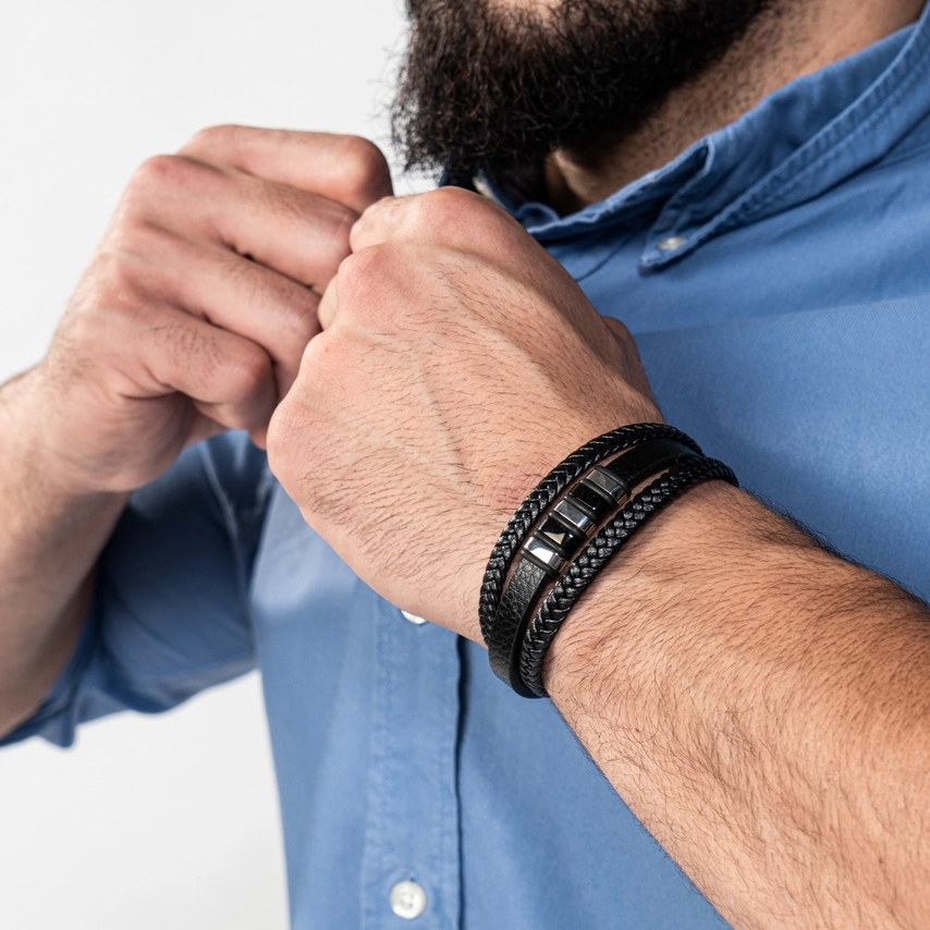 Pulsera de cuero Glory - Plata/Negro Regalos y Juegos Pulsera de cuero «Glory» - Plata/Negro